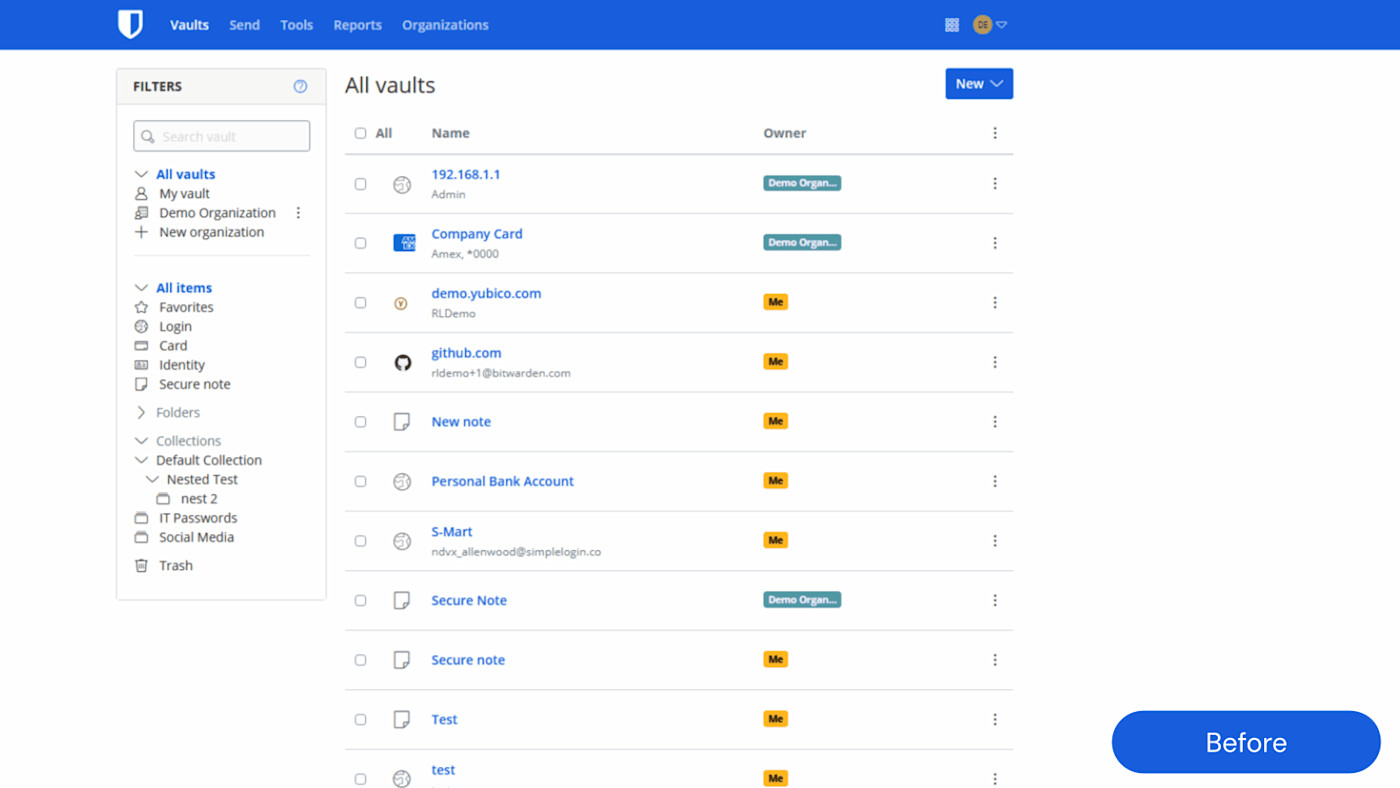 Individual Bitwarden vault UI before and after