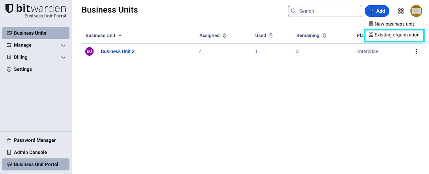 Business Unit add Existing Organization