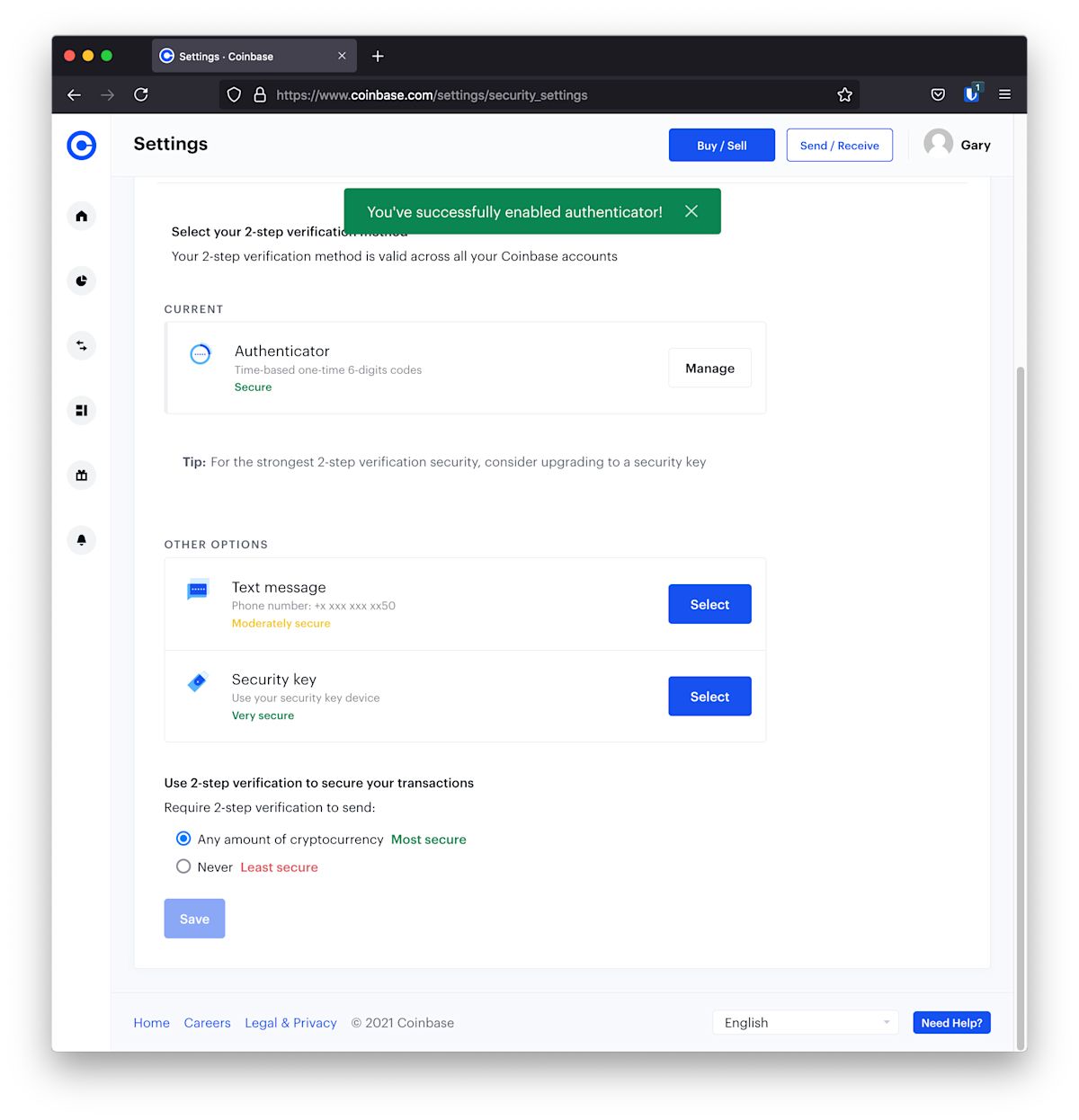 After setting up an authentication app, Coinbase will prompt about security keys