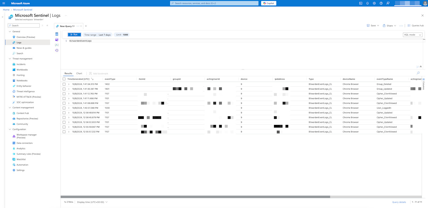 Microsoft Sentinel query result