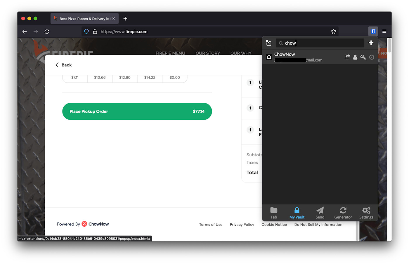 Bitwarden vault does not hold ChowNow credentials for Firepie.com