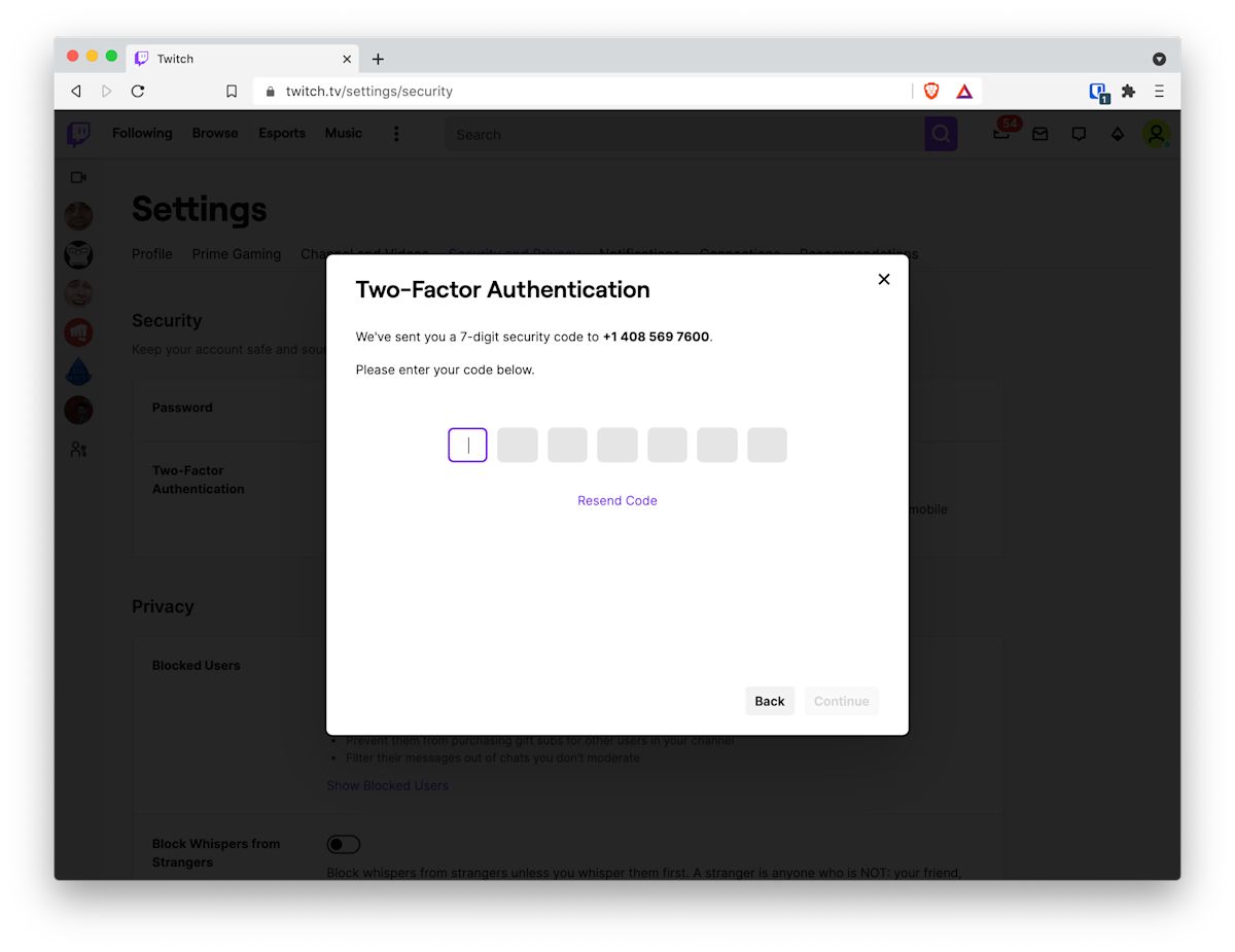 Entering code sent to phone number with Twitch's Two-Factor Authentication