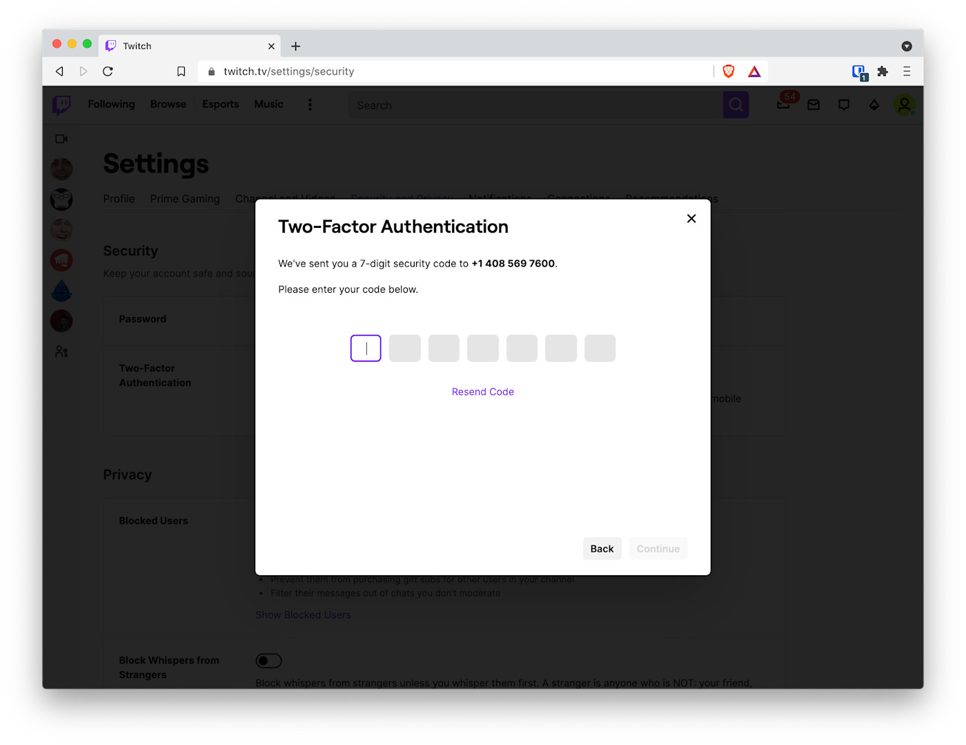 Entering code sent to phone number with Twitch's Two-Factor Authentication