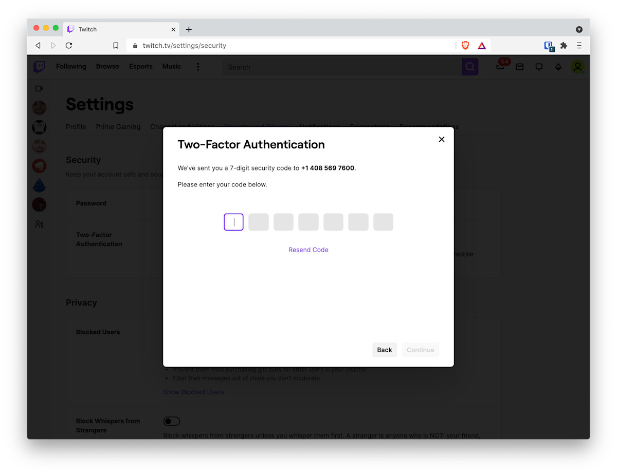 Entering code sent to phone number with Twitch's Two-Factor Authentication