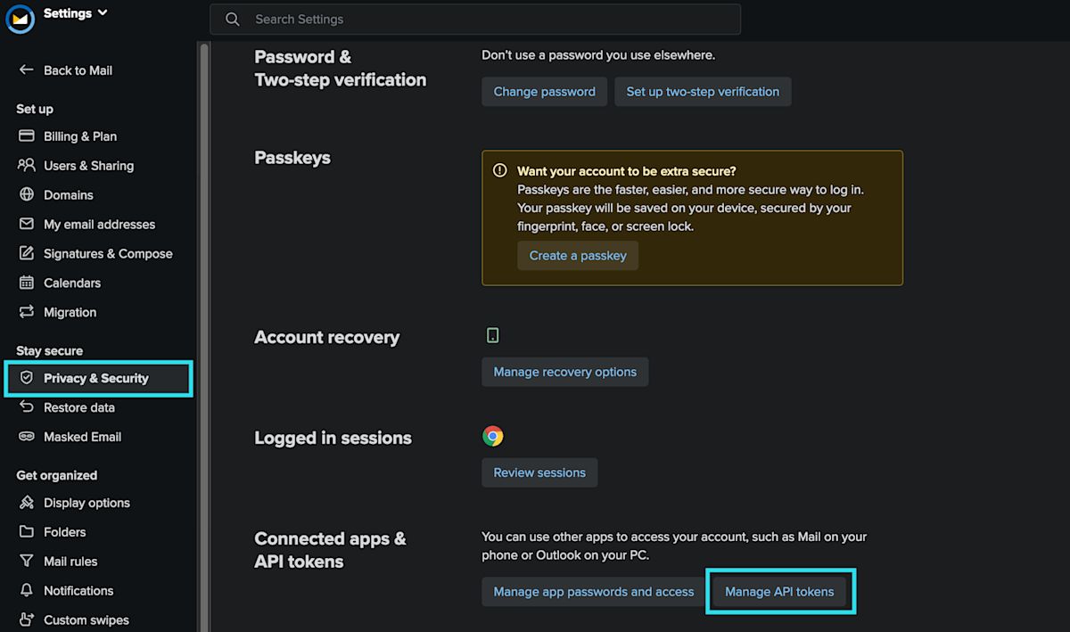 Fastmail API token
