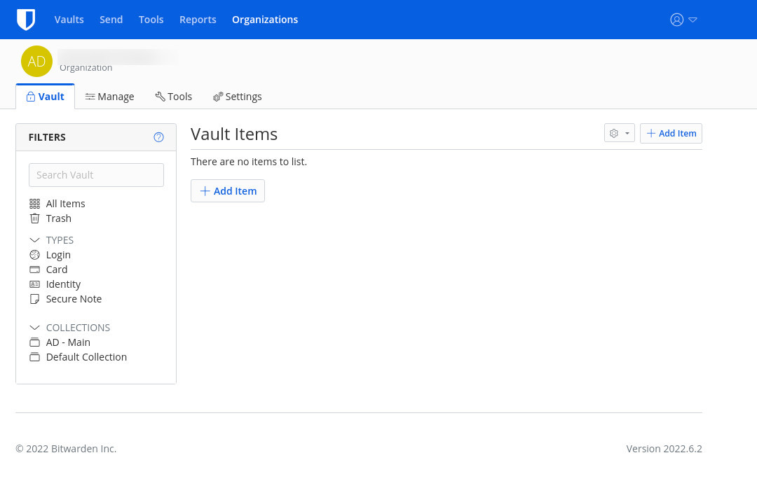 Figure 1: The Bitwarden web-based interface is where Organizations are created
