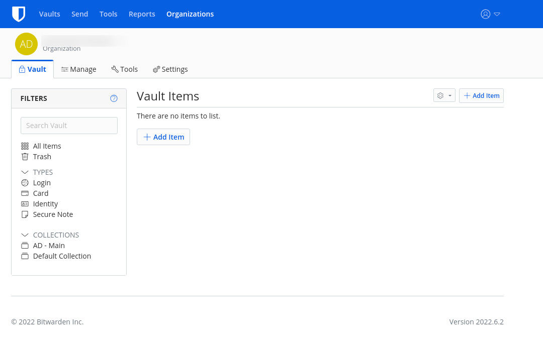 Figure 1: The Bitwarden web-based interface is where Organizations are created