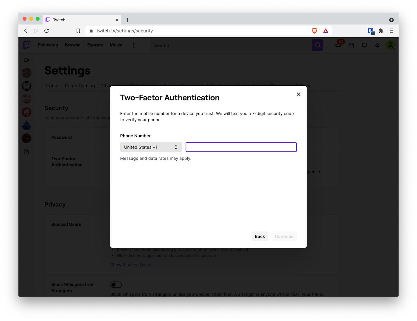 Enter phone number for Twitch's Two-Factor Authentication