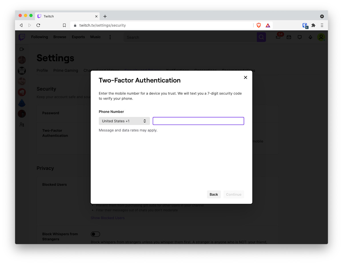 Enter phone number for Twitch's Two-Factor Authentication