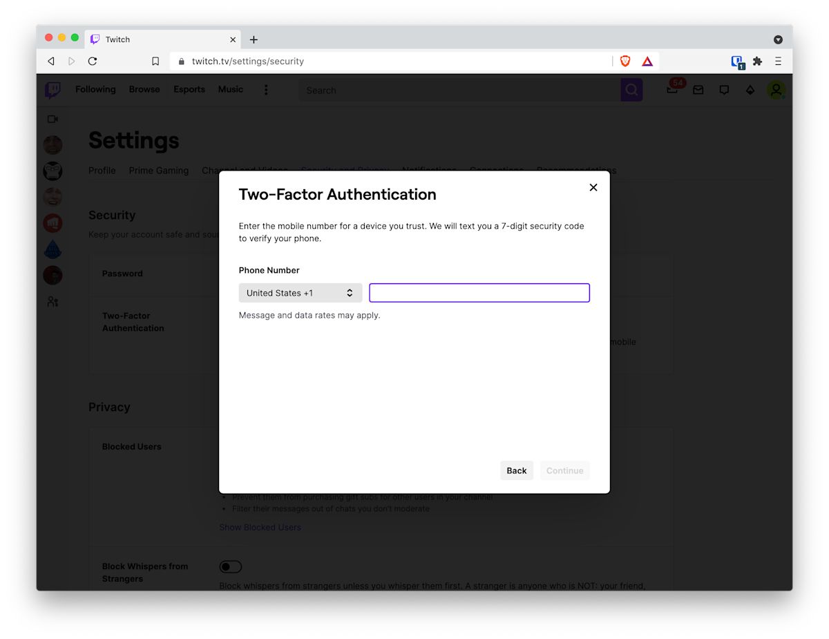 Enter phone number for Twitch's Two-Factor Authentication