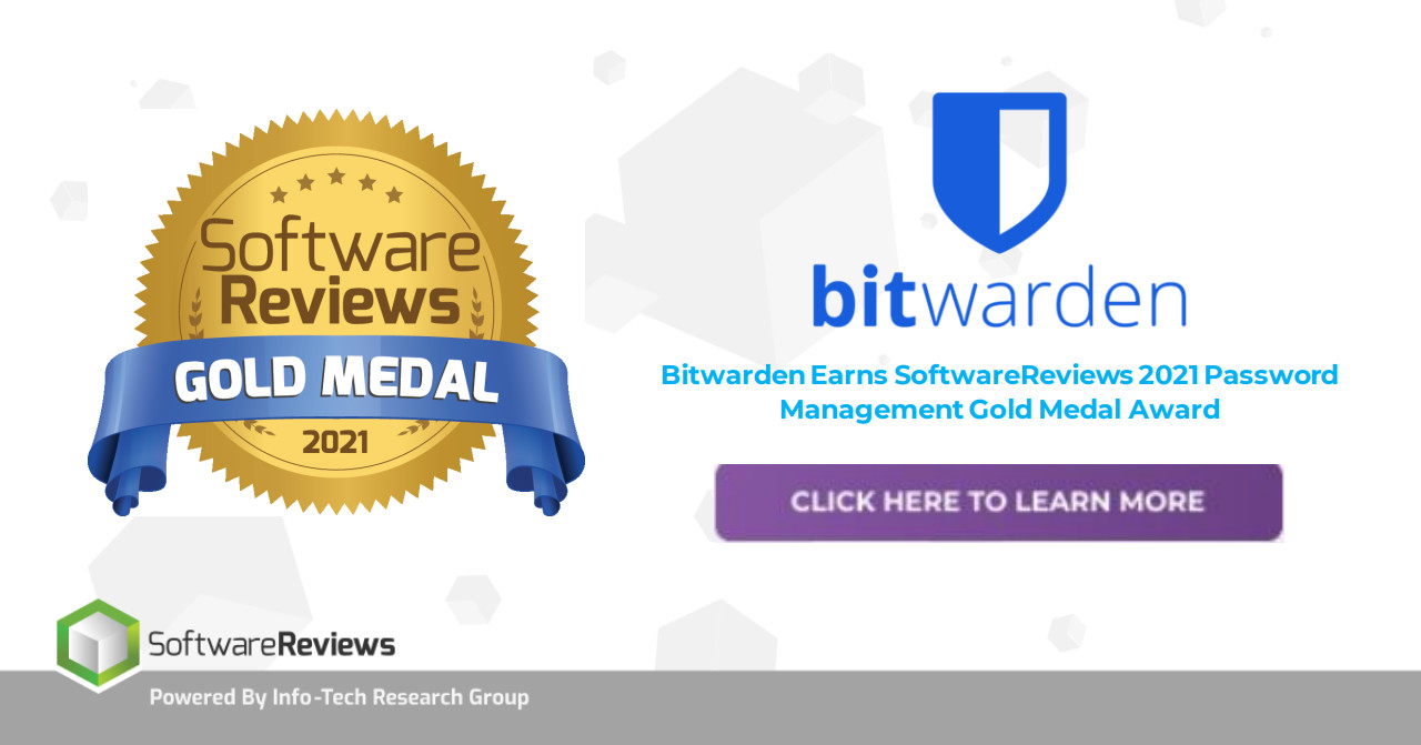 SoftwareReviews Gold Medal - Bitwarden receives the gold medal in SoftwareReviews Password Manager Data Quadrant