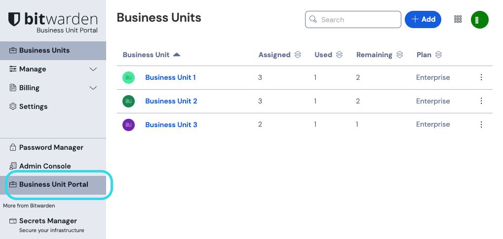 Open the Business Unit Portal