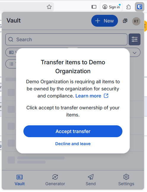 Transfer items notice