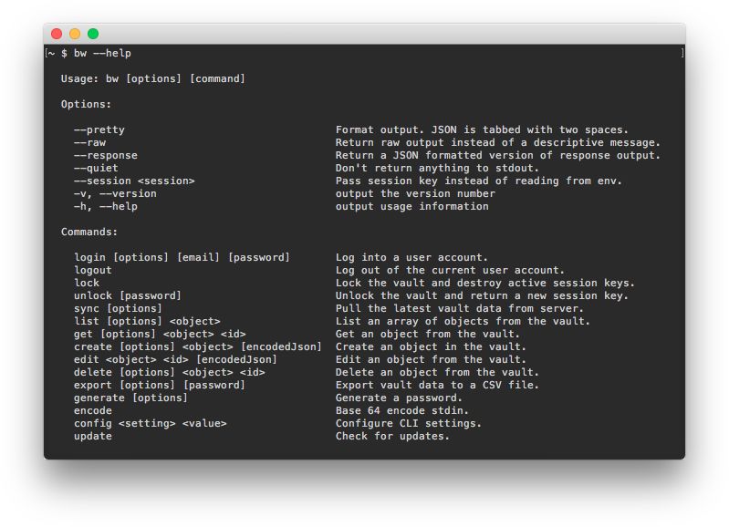 Official release of the Bitwarden Command-line Interface (CLI) tool, available on Windows, macOS, and Linux distributions