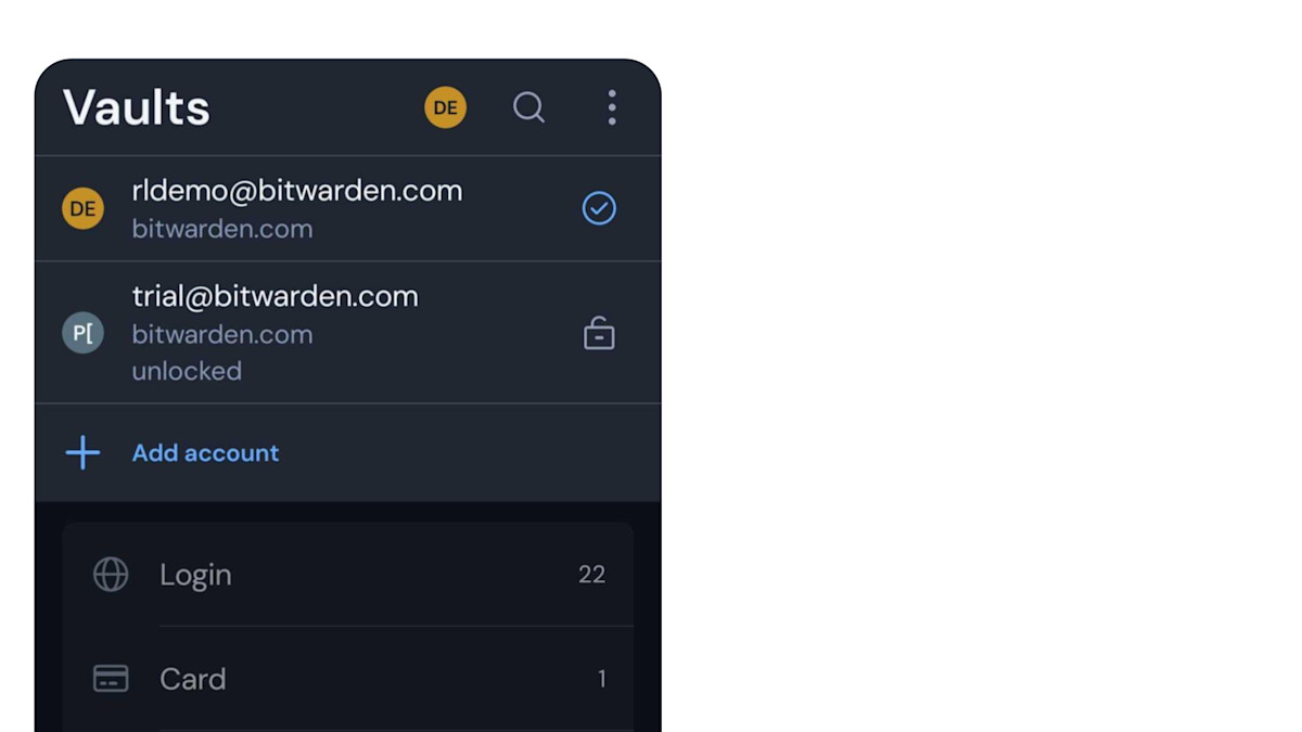 Account Switching in iOS - Screenshot of iOS Bitwarden client demonstrating account switching feature