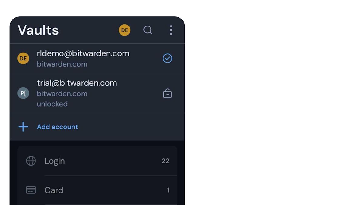 Account Switching in iOS - Screenshot of iOS Bitwarden client demonstrating account switching feature