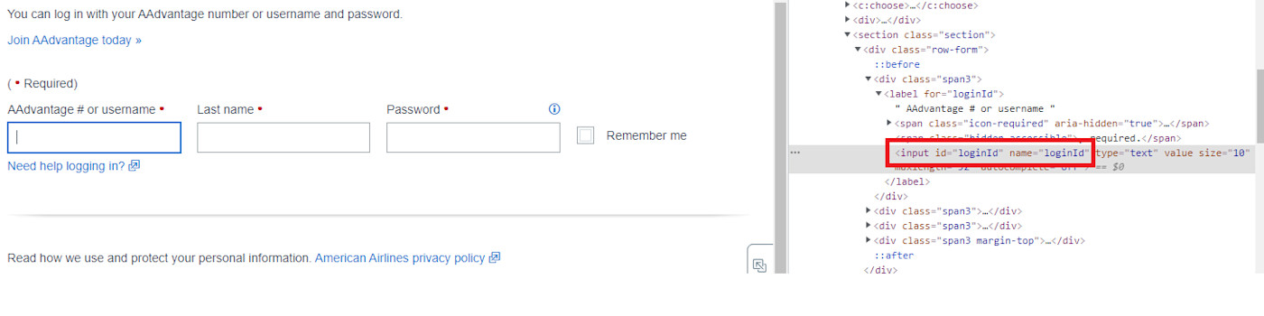 Using the Inspect option to view the HTML code to find the name or ID