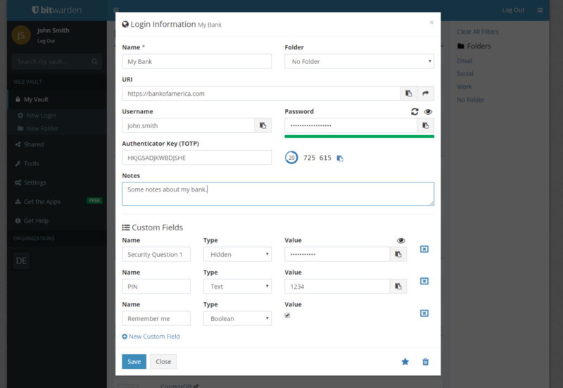 Custom fields for a login entry in the Bitwarden web vault