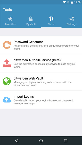 Bitwarden tools screen