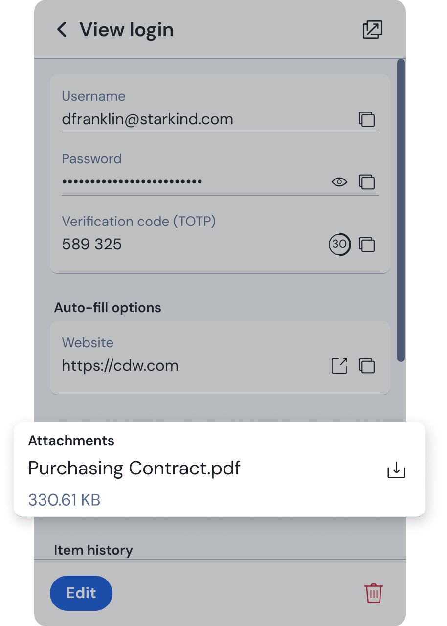 A file is attached to a login and can be downloaded from any Bitwarden client.