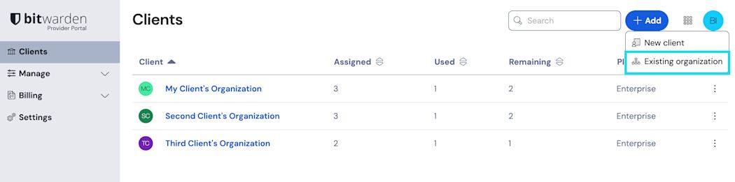 Admin Console add Existing Organization