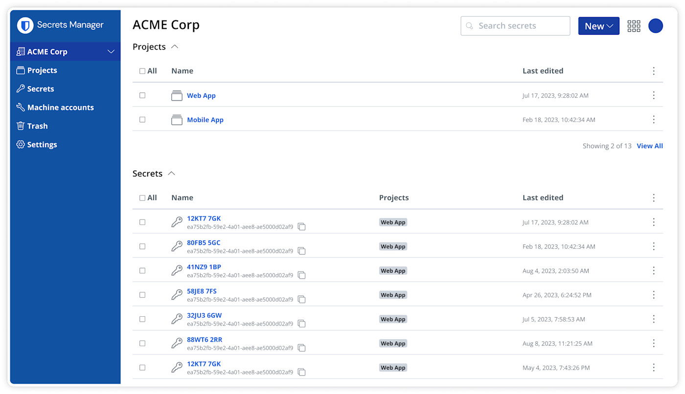 Tableau de bord de Bitwarden Secrets Manager