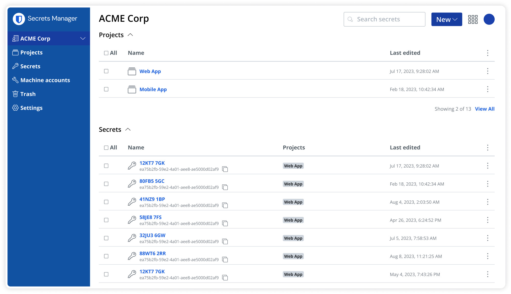 Tableau de bord de Bitwarden Secrets Manager