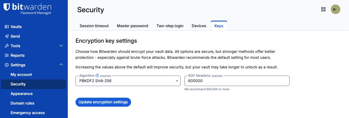 Encryption key settings