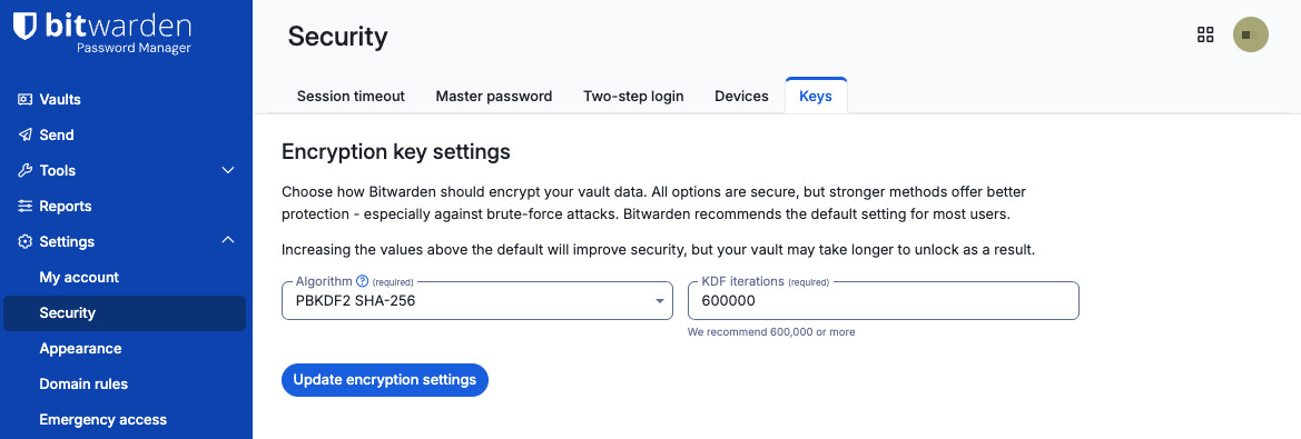 Encryption key settings